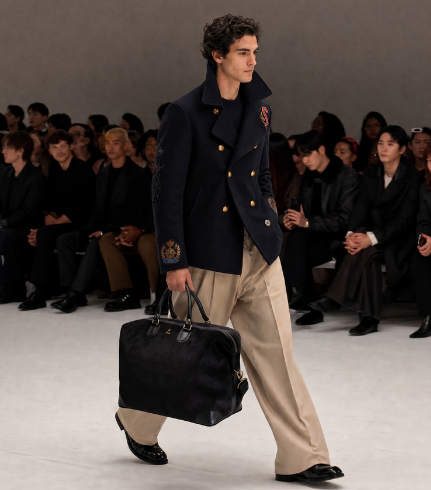 Collezione uomo: peacoat blu, pantaloni chiari e borsa da viaggio